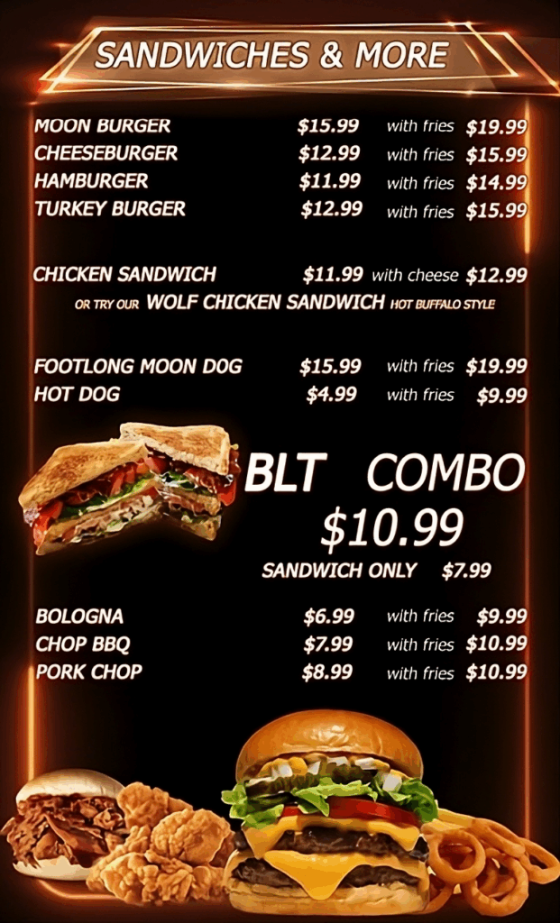 New Moon Bar & Grill By L & V ENTERPRISES INC Sandwiches adn Burgers